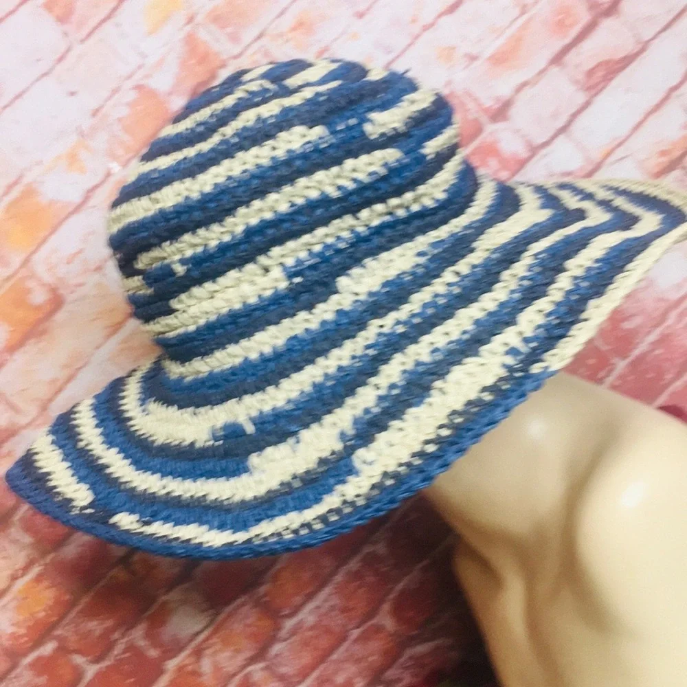 San Diego Hat Company Blue and White Striped Wide Brimmed Woven Retro Beach Hat